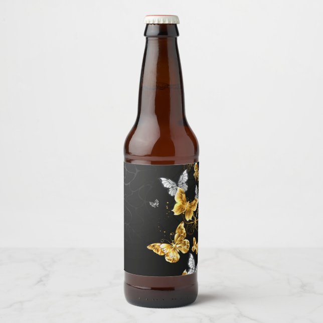 Étiquette Pour Bouteilles De Bière Papillons blancs et dorés (Devant)