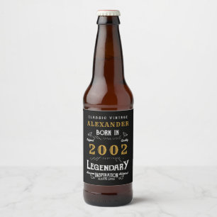 Étiquette Pour Bouteilles De Bière Personnalisé 21e anniversaire Né 2002 Vintage Noir