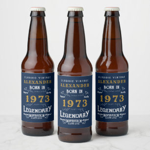 Étiquette Pour Bouteilles De Bière Personnalisé 50e anniversaire Né 1973 Vintage bleu