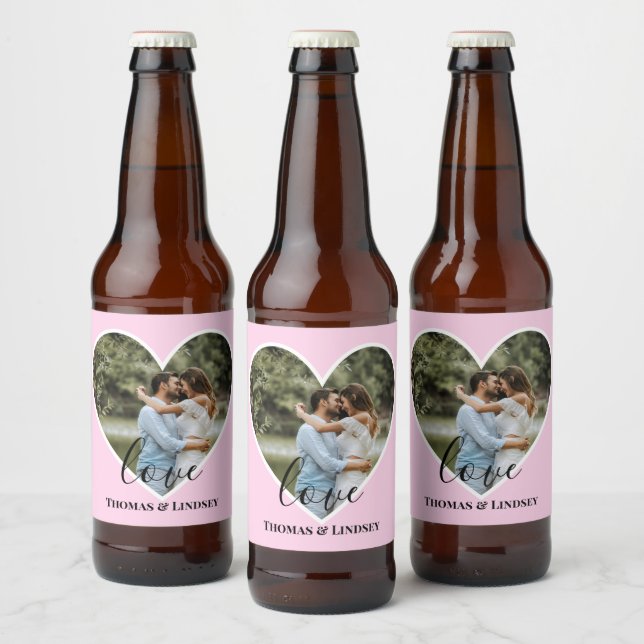 Étiquette Pour Bouteilles De Bière Photo personnalisée Cadre Coeur Rose Calligraphie  (Bouteilles)
