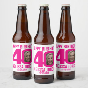 Étiquette Pour Bouteilles De Bière Pink 40th Birthday photo nom personnalisé étiquett