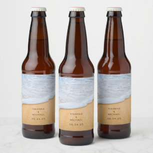 Étiquette Pour Bouteilles De Bière Plage de sable avec Mariage de Surf en mousse