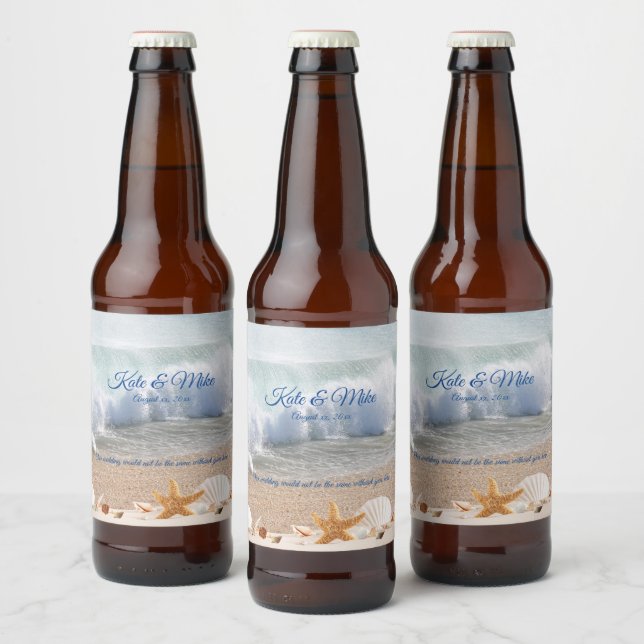 Étiquette Pour Bouteilles De Bière Plage Mariage Coquillages Île tropicale (Bouteilles)