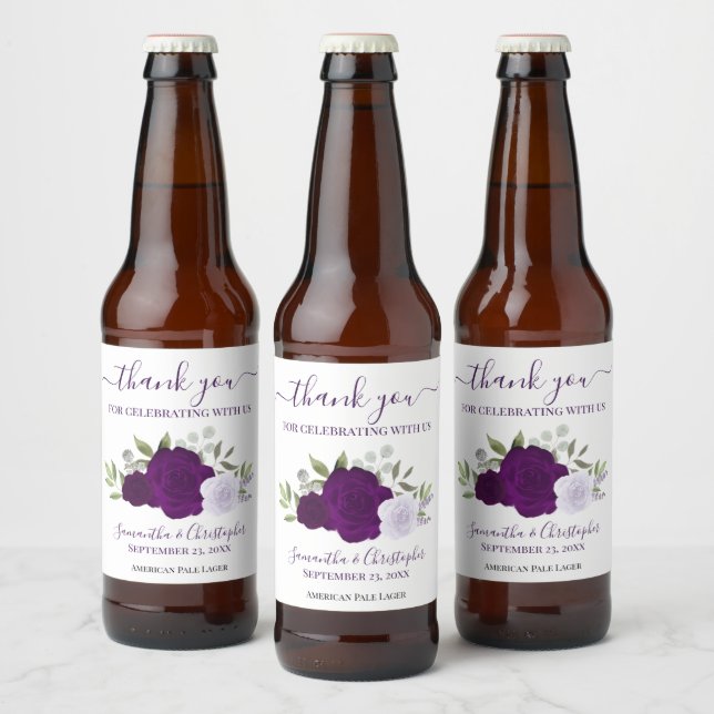 Étiquette Pour Bouteilles De Bière Plum Purple Elegant Boho Rose Mariage Merci (Bouteilles)