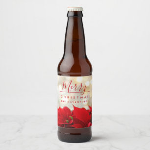 Étiquette Pour Bouteilles De Bière Poinsettias rouges avec Golden Bokeh Noël