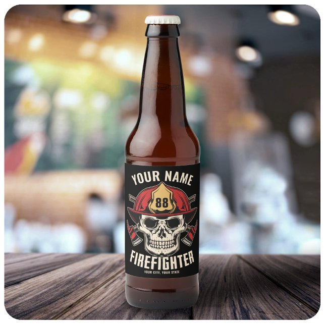 Étiquette Pour Bouteilles De Bière Pompier personnalisé Crâne pompier pompier départe (Créateur téléchargé)