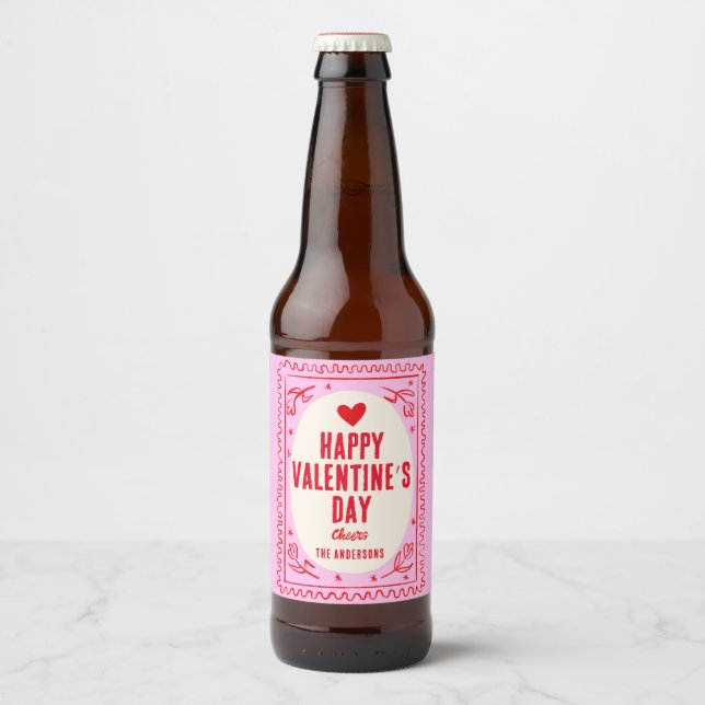Étiquette Pour Bouteilles De Bière Red Pink Heart Bonne Saint Valentin (Devant)