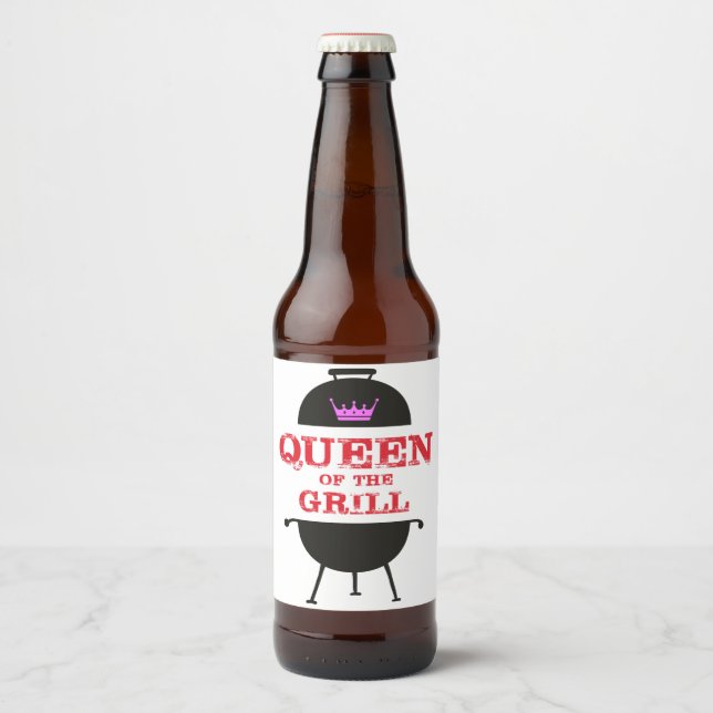 Étiquette Pour Bouteilles De Bière Reine Du Grill, Rouge Couronne Rose (Devant)