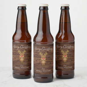 Étiquette Pour Bouteilles De Bière Rindeer de Noël rustique en bois joyeux présent