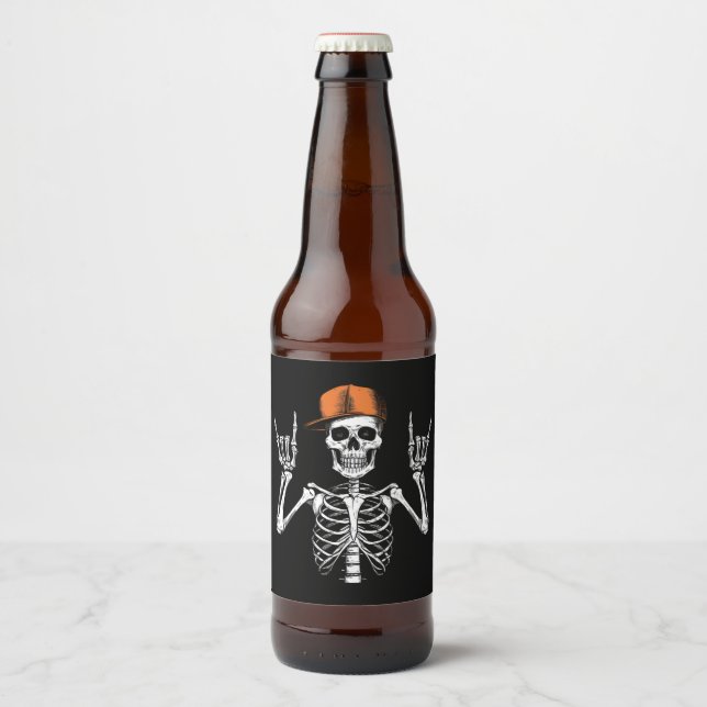 Étiquette Pour Bouteilles De Bière Rocker Skeleton Casquette Skin Cool Halloween Punk (Devant)