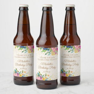 Étiquette Pour Bouteilles De Bière Rose Jaune Bleu Floral Anniversaire Nom Date
