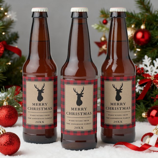 Étiquette Pour Bouteilles De Bière Russe Rouge Plaid Joyeux Noël Kraft (Customize to change text size or text style.)