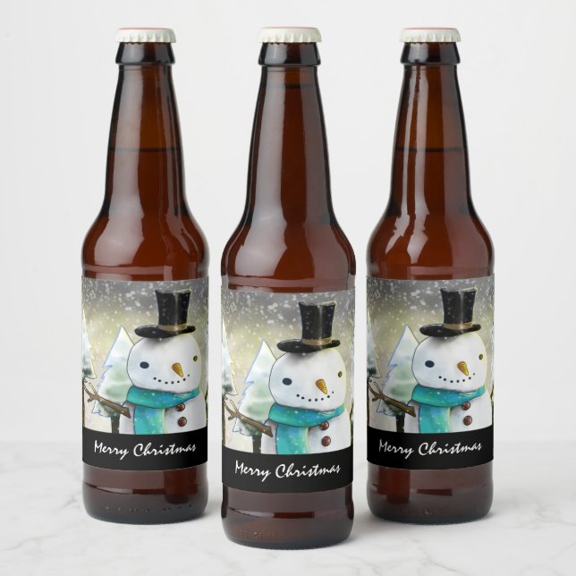 Étiquette Pour Bouteilles De Bière Snowman en hiver sur la scène de Noël (Bouteilles)
