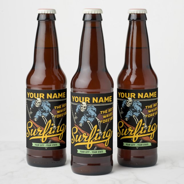 Étiquette Pour Bouteilles De Bière Squelette de surf personnalisé surfe sur les vague (Bouteilles)