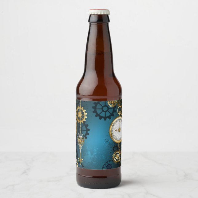 Étiquette Pour Bouteilles De Bière Steampunk Arrière - plan turquoise avec Gears (Devant)