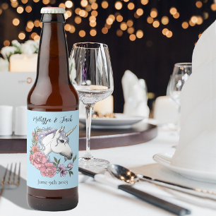 Étiquette Pour Bouteilles De Bière Unicorne blanche Fleurs roses Mariage bleu