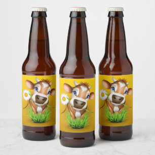 Étiquette Pour Bouteilles De Bière Vache de Jersey dans l'herbe sur le jaune
