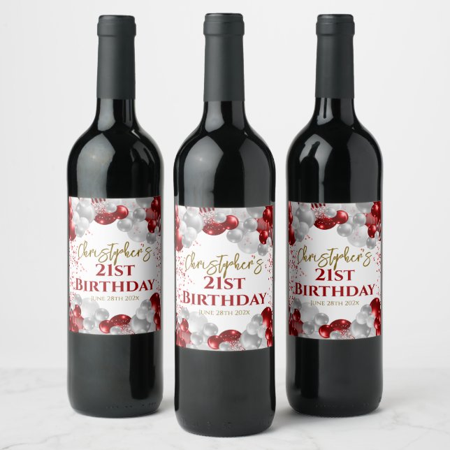 Étiquette Pour Bouteilles De Vin 21e Anniversaire de la fête Ballons rouges (Bouteilles)