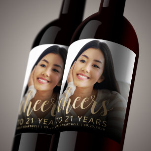 Étiquette Pour Bouteilles De Vin 21e anniversaire fête Photo Cheers