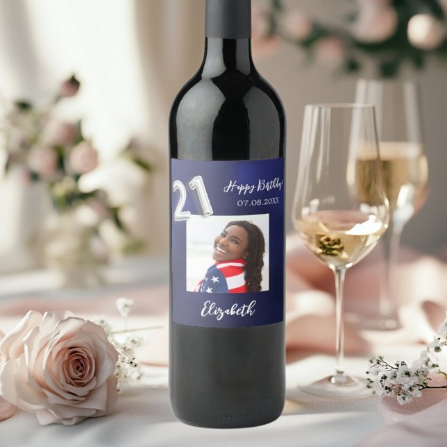 Étiquette Pour Bouteilles De Vin 21e anniversaire marine bleu blanc photo (Créateur téléchargé)