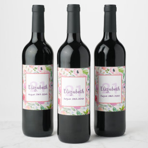 Étiquette Pour Bouteilles De Vin 21e anniversaire nom fleurs roses