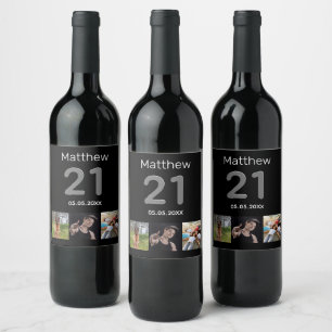 Étiquette Pour Bouteilles De Vin 21e anniversaire photo personnalisée noir