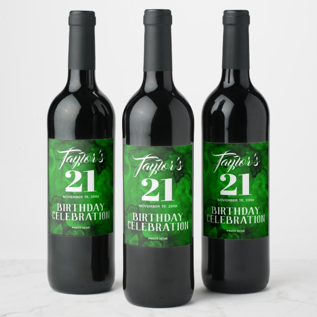 Étiquette Pour Bouteilles De Vin 21e anniversaire Vert à Noir Aquarelle Vin Étiquet (Bouteilles)