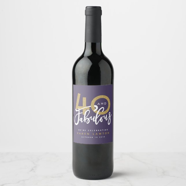 Étiquette Pour Bouteilles De Vin 40 et or violet fabuleux (Devant)