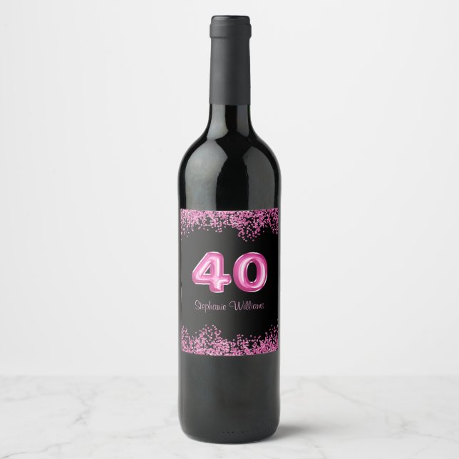 Étiquette Pour Bouteilles De Vin 40e anniversaire Ballons noirs roses | Parties sci (Devant)