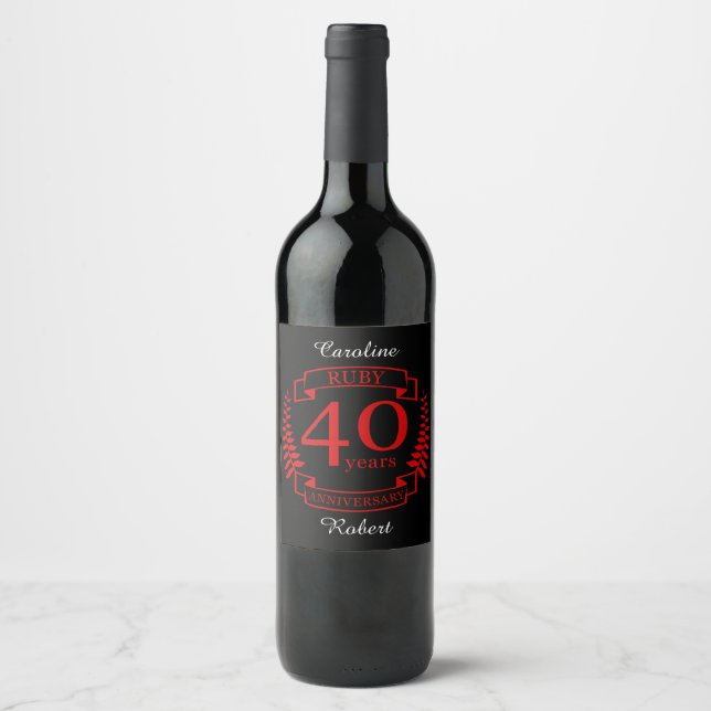 Étiquette Pour Bouteilles De Vin 40e ANNIVERSAIRE Mariage RUBY (Devant)