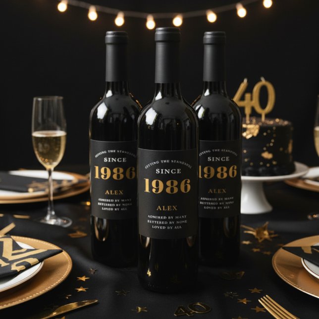Étiquette Pour Bouteilles De Vin 40e anniversaire Nom 1986 Black Gold Elegant Chic (40th birthday wine bottle label)