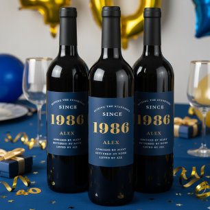 Étiquette Pour Bouteilles De Vin 40e anniversaire Nom 1986 Blue Gold Elegant Chic
