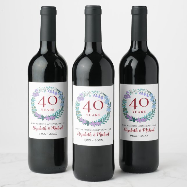 Étiquette Pour Bouteilles De Vin 40e anniversaire Ruby Bluebells couronne fleurie (Bouteilles)