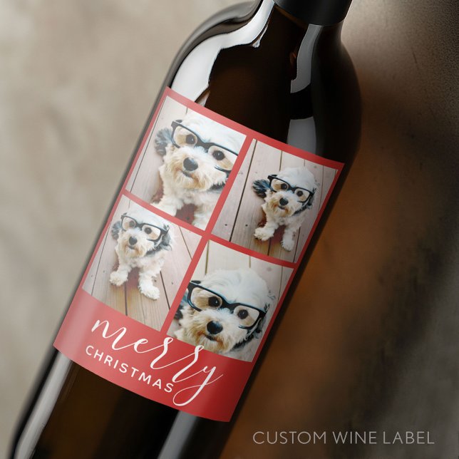 Étiquette Pour Bouteilles De Vin 4 Photo Collage - Moderne Joyeux Noël rouge (Custom Wine Bottle Label - Personalize a Sticker for a fun gift or memento)