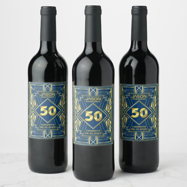 Étiquette Pour Bouteilles De Vin 50e anniversaire Art Déco Gold Blue Great Gatsby (Bouteilles)