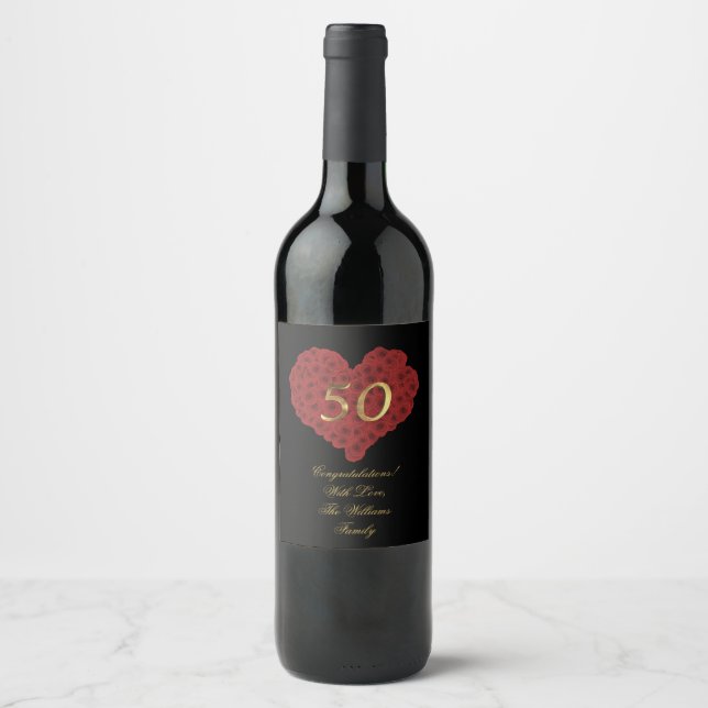Étiquette Pour Bouteilles De Vin 50e Anniversaire Coeur Rouge Roses Texte personnal (Devant)