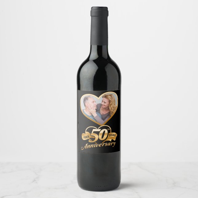 Étiquette Pour Bouteilles De Vin 50e anniversaire de Mariage coeur d'or (Devant)