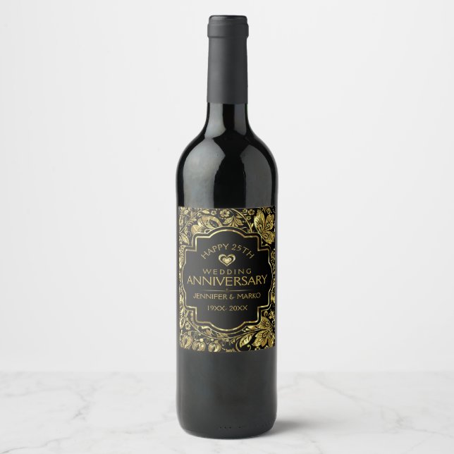 Étiquette Pour Bouteilles De Vin 50e anniversaire de Mariage Damas d'or (Devant)