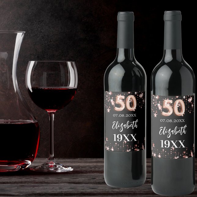 Étiquette Pour Bouteilles De Vin 50e anniversaire noir rose étoiles d'or (Créateur téléchargé)