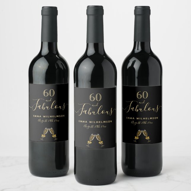 Étiquette Pour Bouteilles De Vin 60 fabuleux anniversaire noir or applaudissements (Bouteilles)