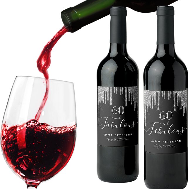 Étiquette Pour Bouteilles De Vin 60 fabuleux anniversaire parties scintillant noire (Créateur téléchargé)