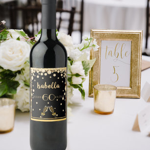Étiquette Pour Bouteilles De Vin 60e anniversaire de fête noir or nom diamants