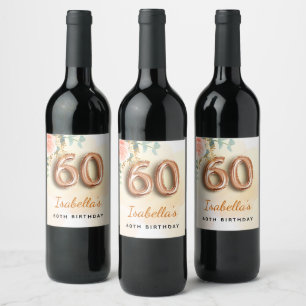 Étiquette Pour Bouteilles De Vin 60e anniversaire floral rose or eucalyptus monogra