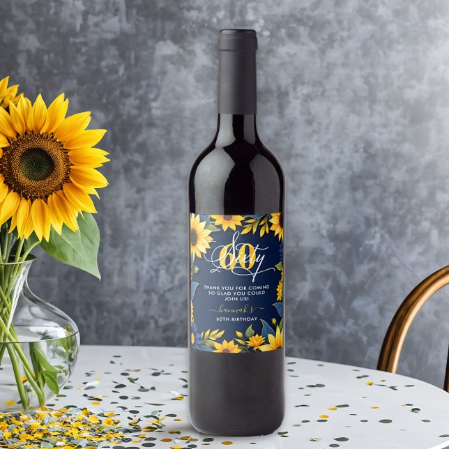 Étiquette Pour Bouteilles De Vin 60e anniversaire tournesol rustique (Créateur téléchargé)