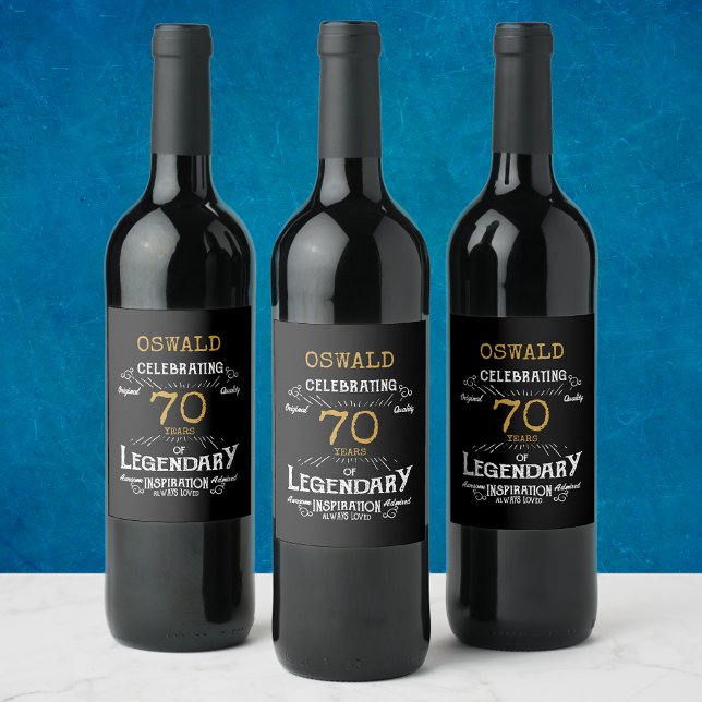Étiquette Pour Bouteilles De Vin 70e anniversaire Black Gold Legendary Funny (A personalized elegant 70th birthday wine bottle label.)