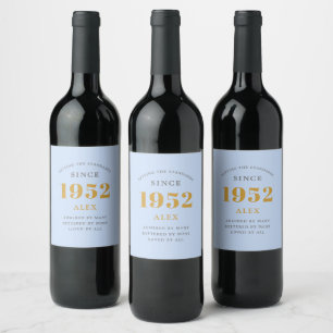 Étiquette Pour Bouteilles De Vin 70e anniversaire Nom 1952 Blue Grey Elegant Chic