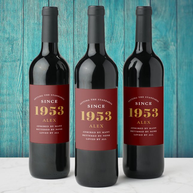 Étiquette Pour Bouteilles De Vin 70e anniversaire Nom 1953 Rouge or élégant chic (Créateur téléchargé)