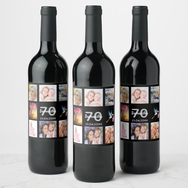Étiquette Pour Bouteilles De Vin 70e anniversaire photo collage noir (Bouteilles)