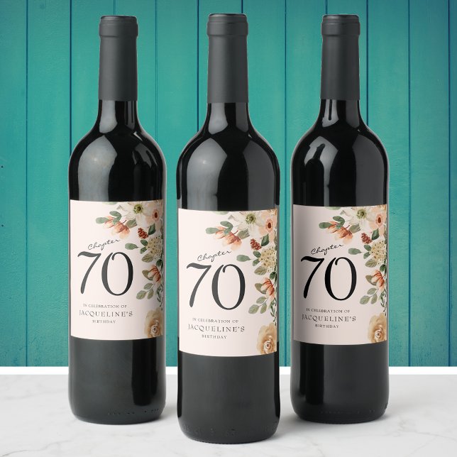 Étiquette Pour Bouteilles De Vin 70e anniversaire Vintage Floral (70th birthday floral wine bottle labels. Easily personalized using the template provided. )