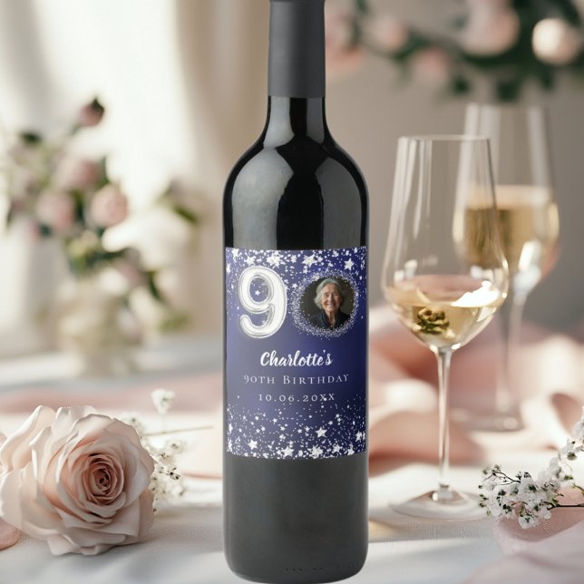 Étiquette Pour Bouteilles De Vin 90e anniversaire marine bleu argent étoiles photo (Créateur téléchargé)